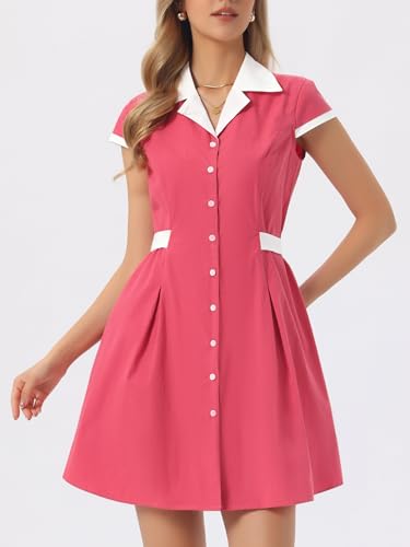 Image of Allegra K Women's Vintage Button Down Shirt Dress Notch Lapel Short Sleeve Belted Office Mini Short Dresses