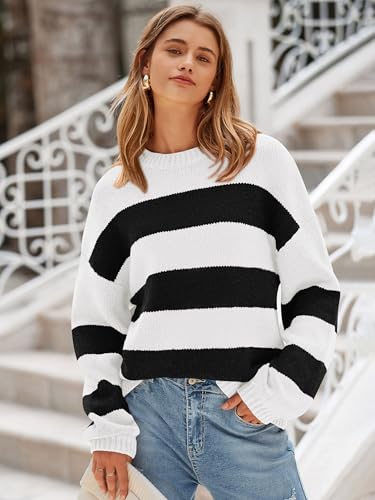 PRETTYGARDEN Womens 2024 Oversized Lantern Long Sleeve Striped Sweaters Fall Casual Crewneck Loose Chunky Knit Pullover Tops3