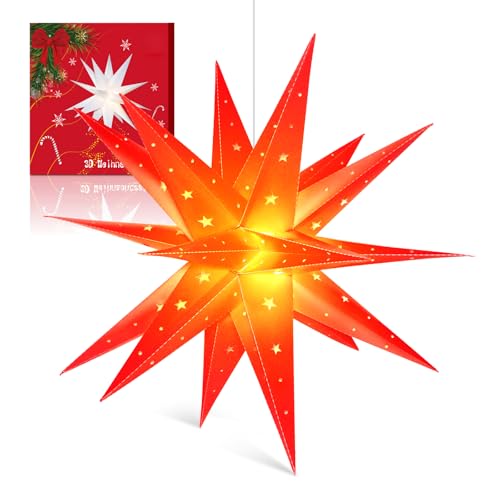 Sky angle 3D Weihnachtsstern Beleuchtet Batterie mit Timer für Fenster - 60cm Dekorieren von Weihnachtsbaum, Rot led Weihnachtsstern für Innen, Außen, Innenhof, Balkon Und Garten