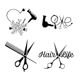 (4PCs) Hair Style Decal Set Black UV DTF Decal Waterproof Durable Easy to Apply Scissors Comb Hair Dryer Heart Salon Tools Bumper Stickers Car Truck Laptop Window Decoration 5 Inches (Black)