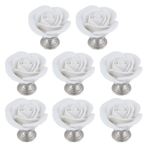 Savagrow 8PCS 1.65" × 1.54" White Rose with Base Knobs Ceramics Flower Shaped Pulls for Cupboard Drawer, with 2 Kinds of Screws