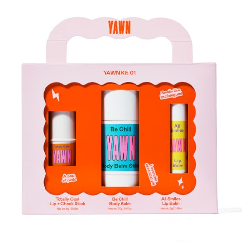 YAWN Makeup & Skincare Kit for Kids | Non-Toxic, Vegan, Cruelty Free, Talc Free | Lip Balm, Tinted Face Multi-Stick for Lips & Cheeks, and Universal Body Balm Stick | For Kids 3+ | Made in USA