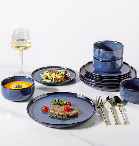 Image of TheTerra Ceramic Dinnerware Sets for 4, 12 Pieces Handmade Reactive Glaze Plates and Bowls Set, Scratch Resistant Dish Set, Oven & Microwave & Dishwasher Safe, Blue