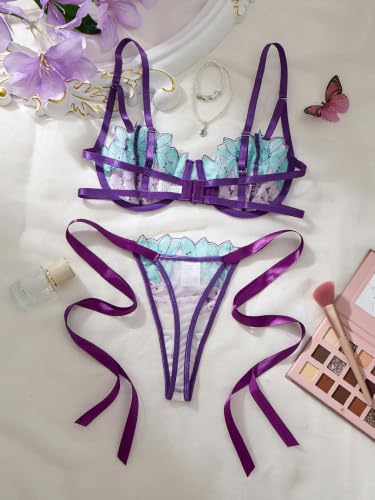 Image of Lilosy Sexy Tie Side Cute Underwire Push Up Strappy Embroidered Mesh Sheer Lingerie Set