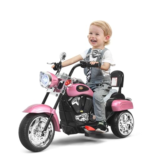 SOARS Moto Elettrico 6V per Bambini a 3 Ruote con Luci LED e Suoni, Motorino Triciclo con Acceleratore a Pedale, Motocicletta Giocattolo con Faro Regolabile e Specchietto da 3 Anni (Rosa)