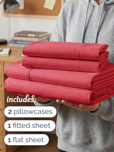 Image of Twin XL 4 Piece Sheet Set - College Dorm Room Essentials - Red | Ultra Soft Dorm Bedding Set, 8 inch to 16 inch Inch Deep Pockets, 1 Flat & 1 Fitted Sheet & 2 Pillowcases, Wrinkle & Fade Free