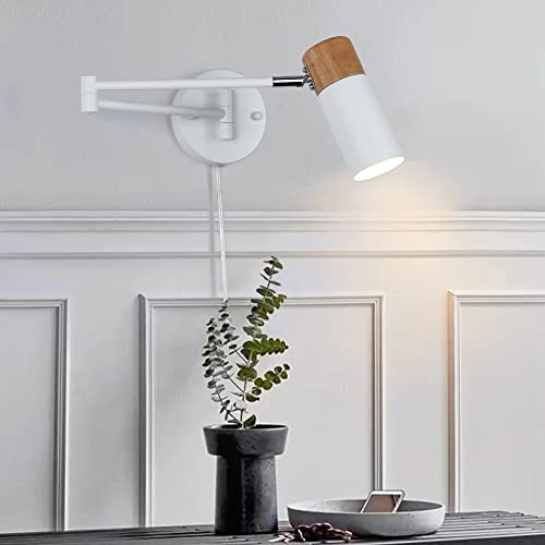 BRILUCE Lampada da parete a braccio oscillante industriale con spina in corda lampada montato staffa di prolunga in metallo bianco luce di rotazione illuminazione di lettura per sala di lettura,