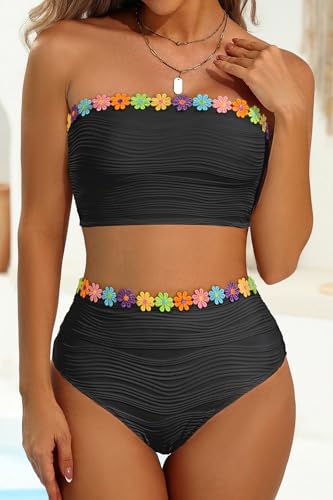 Image of High Waisted Bandeau Bikini Set - Women Strapless Two Piece Swimsuits Ribbed Longline Full Coverage Bathing Suits Swimwear