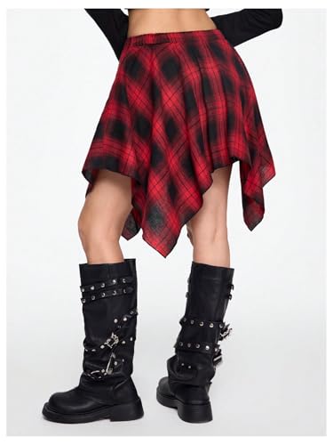 GORGLITTER Women's Y2k Goth Plaid Ruffle Flowy Asymmetrical Skirt Western Cowgirl Skirts2
