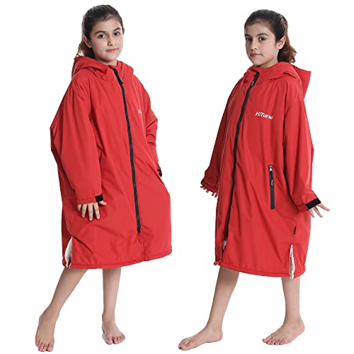 Image of Hiturbo Warm Kids Swim Parka: Waterproof Changing Robe - Oversize Swimming Coat - Hooded Surf Poncho - Thick Lining (7-14Y)