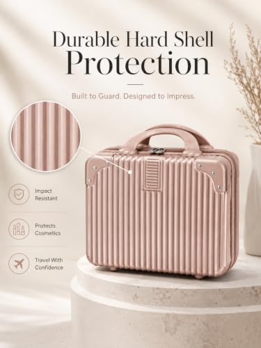 Image of BLUE BEADS Travel Makeup Case with Lock & Luggage Strap, ABS Hard Shell Cosmetic Vanity Case, Portable Makeup Organizer for Women, Beauty Storage Box for Makeup & Toiletries (Rosegold, Model 3)