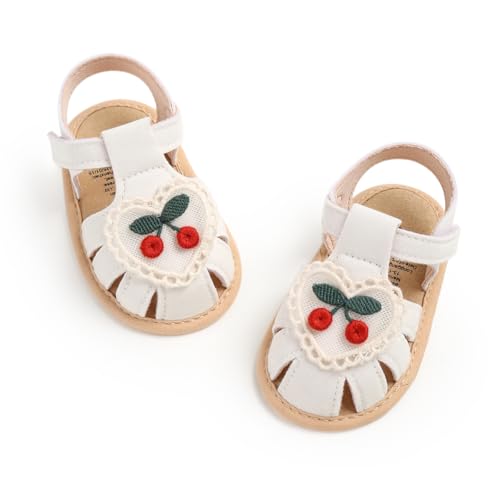 Ohwawadi Baby Girl Sandals Summer Embroidered Little Cherry Dress Flats Shoes Soft Sole Closed Toe Beach Casual Sandal Infant Newborn Crib Shoe