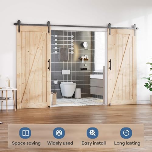 Image of EaseLife 14FT Double Door Sliding Barn Door Hardware Track Kit & Handle,Big Industrial Spoke Wheel,Wall Mount,Slide Smoothly Quietly,Easy Install,Black,168 inch Track Fit for 80-82 inch Wide Opening (No Door)