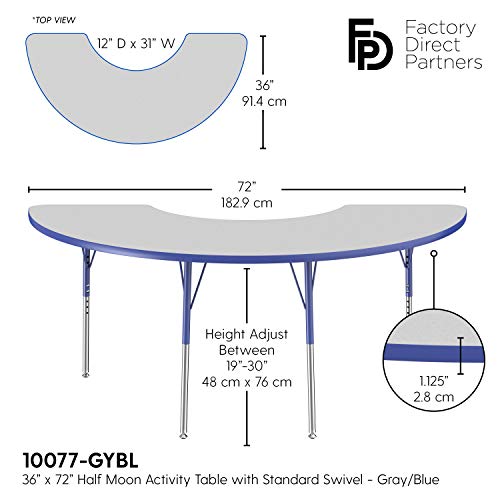 Image of FDP Half Moon Activity School and Office Table (36 x 72 inch), Standard Legs with Swivel Glides for Collaborative Seating Environments, Adjustable Height 19-30 inches - Gray Top and Blue Edge