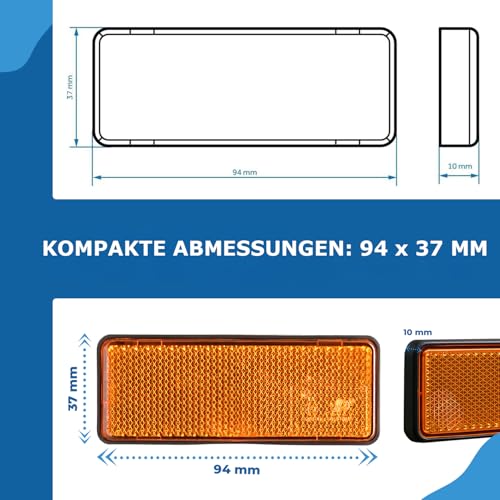 AUTOLIGHT 24 4X Reflektoren Katzenauge Seitenstrahler Anhänger Orange Reflektor selbstklebend zum Kleben mit E-Prüfzeichen rechteckig 94x37mm für Anhänger LKW PKW Trailer Wohnwagen