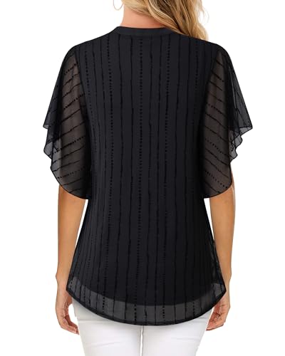 Image of Timeson Women's Short Sleeve V Neck Blouses Shirts Floral Double Layers Mesh Tunics Tops