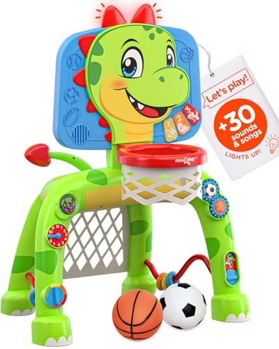 Image of Move2Play, Dinosaur Basketball Hoop & Soccer Goal Activity Center | 30+ Sounds & Songs + 5 Lights | 1 2 3 Year Old for Boys and Girls | Toy & Gift for Baby & Toddlers
