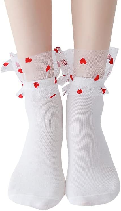 Miniatura 2 de CYee 4 pares de calcetines de princesa Lolita de malla con volantes de encaje Y2K Love Design Frilly Elastic JK Uniforme Calcetines de vestir, Patrón