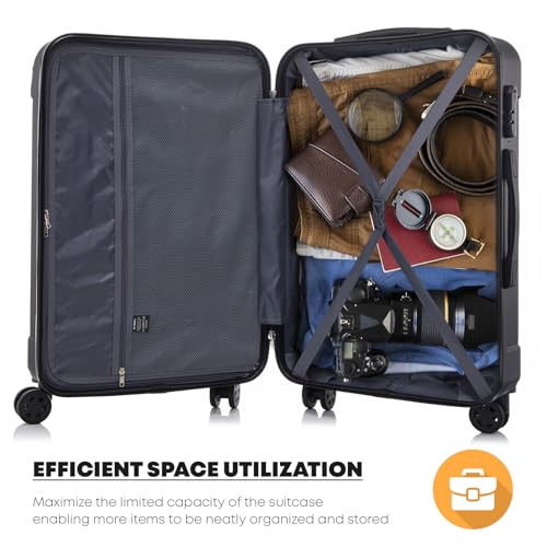 YONSLY Koffer Suitcase M Schwarz, Trolley Reisekoffer, Rollkoffer Handgepäck, Kabinenkoffer mit 4 Rollen 360°, Hartschalenreisekoffer, Zahlenschloss, Weicher Gummigriff 6