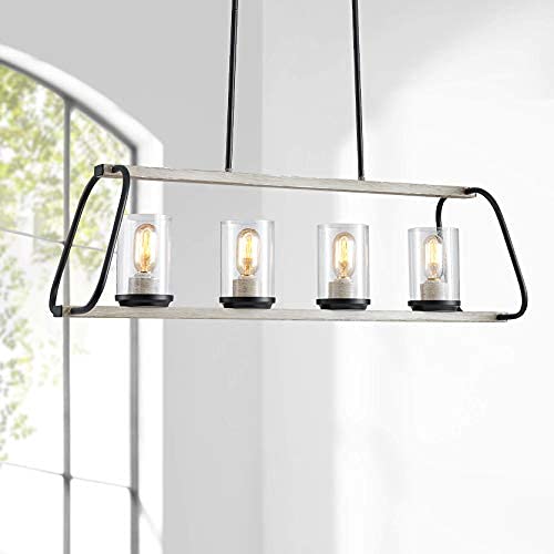 XINGQI Rustic Glass Shade Kitchen Island Light, 4-Light Farmhouse Linear Pendant Lighting, Hanging Light Fixtures for Dining Room, Antique White with Black Paint, E26 Base(Bulbs not Included) XINGQI Rustic Glass Shade Kitchen Island Light, 4-Light Farmhouse Linear Pendant Lighting, Hanging Light Fixtures for Dining Room, Antique White with Black Paint, E26 Base(Bulbs not Included)