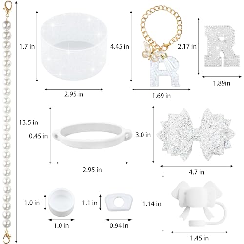 Hpebl 9PCS White for Stanley Cup Accessories Set Bling Initials Bow Charms for Stanley Decorations 30/40 Oz Tumbler Accessories Including Bow Straw Topper, Handle Strap, Spill Stopper（Letter R） - image 3