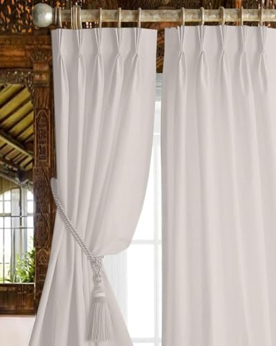 Image of Triple Pinch Pleated Blackout Curtains Thermal Insulated Room Darkening Curtains for Bedroom /Livingroom Pack of 2 Panels, Tiebacks, Hooks (White)