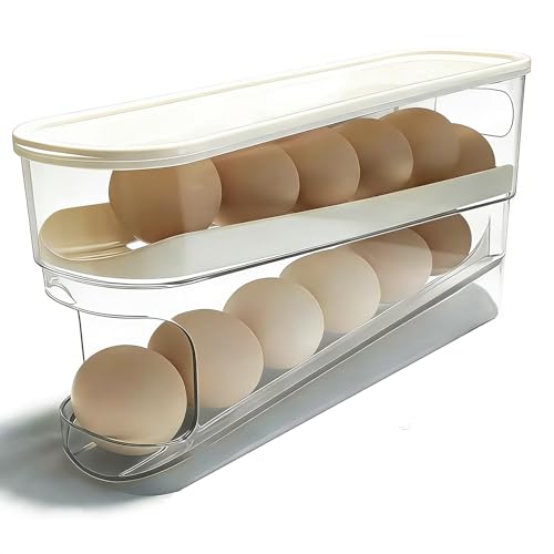 Auto Rolling Egg Holder for Fridge, Eggs Storage Organizer with Lid Clear Space Saver for Refrigerator Door Kitchen