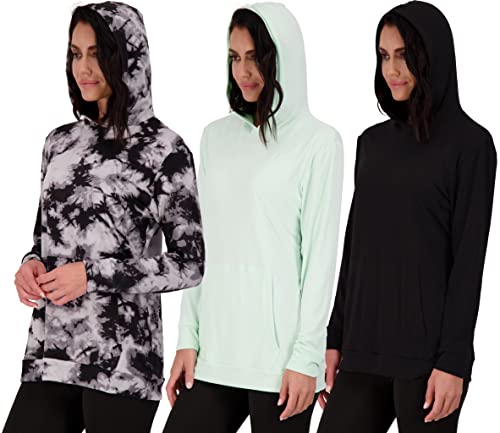 Real Essentials 3 Pack: Women's Dry Fit Long-Sleeve Hoodie Pullover Sweatshirt Pocket - Active Lounge (Available In Plus)- Set 3, 3X