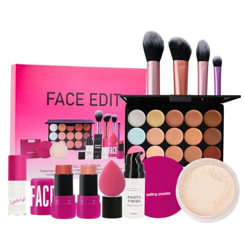 Alles in Einem Make up Set, 15 Farben Concealer Palette mit Face Stick Powder Primer Lip Oil Puff Oval Pinsel, 11Pcs Gesicht Komplettes Schminke Kosmetik Set Kit für Teenager Mädchen Frauen