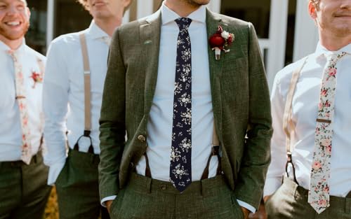 Image of Mantieqingway Men's Skinny Tie, Cotton Floral Ties for Men Wedding Necktie for Groom, Groomsmen, Missions, Dances