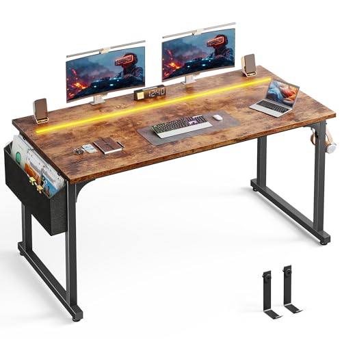 DurayLoly 55" Office Desks with LED Lights,Gaming Writing Work from Home Study Desk with Storage Bag,Home Office Desk with Headphone Hook Sturdy Metal Frame, Rustic Brown