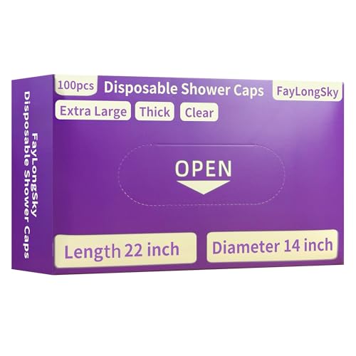 FayLongSky 100 PCS Disposable Shower Caps in Dispenser Box 22 Inch Extra Large Clear Plastic Hair Caps Thick Waterproof Elastic Bath Caps for Long Thick Hair Deep Conditioning Hotel Spa Salon