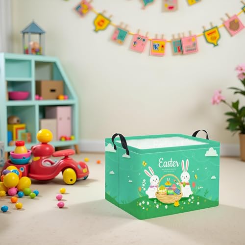 Image of Rectangular Easter Basket for Home Kitchen Baby Girls Basket Cute Storage Bin Organizer Shelf Book Room Decor(Green Cute Bunny)