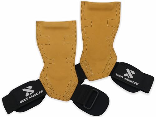 BODY MUSCLES Leather Weightlifting Grips - Double Layer Leather Weight Lifting Grips for Powerlifting - Neoprene Padded Weight Lifting wrist Straps Gym with Metal Hooks - Deadlift Straps