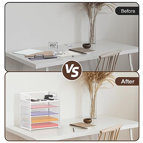 Image of Supeasy 5 Trays Paper Organizer Letter Tray with Handle-Mesh Desk File Holders, Paper Sorter Desk Organizer for Office, Home, Classroom or School, White