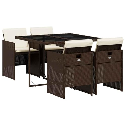 vidaXL Garten Essgruppe mit Kissen 5-TLG., Gartenmöbel Set Sitzgruppe, Essgarnitur Gartengarnitur, Terrasse Balkon Möbel Garnitur, Braun Poly Rattan