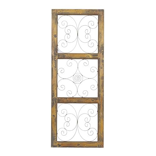 Deco 79 Wood Scroll Home Wall Decor Window Inspired Wall Sculpture with Metal Scrollwork Relief, Wall Art 14" x 1" x 36", Brown