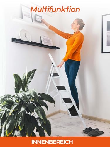 HOUSE DAY Trittleiter - Leiter 4 Stufen Trittleiter Klappbar mit Griff,Stehleiter für Küchen Haus Außen Erwachsende,rutschfest Klapptritt für Haushalt und Büro,Leiter Klappbar Belastung bis 150 kg