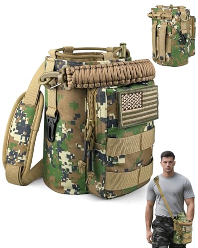 DEFUNX Water Bottle Sleeve, 64oz MOLLE Water Bottle Holder with Strap, Multi-Function Tactical Bottle Carrier Cross-Body Pouch for Walking/Sports/Travel (Woodland Camo Bag)