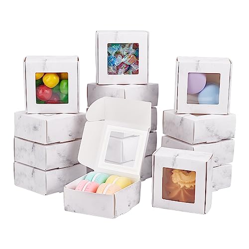 BENECREAT 30 Pack 6.5x6.5x3cm Marble Cookie Boxes With Window, Bakery Treat Gift Boxes for Wedding Decoration Candies Soap, Small Items