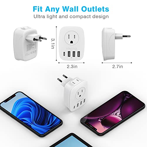 1 Pack European Travel Plug Adapter, VINTAR International Power Plug Adapter with 2 Outlets, 3 USB and 1 USB C, 6 in 1 Travel Essentials for US to Most of Europe EU France Italy Greece Spain, Type C