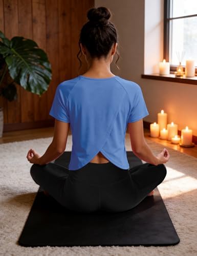 Quenteen Women Cropped Workout Tops Cute Open Back Short Gym Shirts Crewneck Top Summer Exercise Yoga Runing Athletic Tee Blue Large - 3