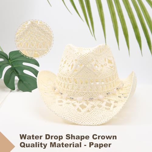 Image of DRESHOW Straw Cowboy Cowgirl Hat for Women Men Western Coastal Cowboy Beach Hat with Shapeable Brim Unisex Rolled up Caps