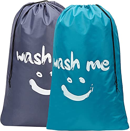 Haundry 2-Pack XL Wash Me Travel Laundry Bag, Machine Washable Dirty Clothes Organizer, Large Enough to Hold 4 Loads of Laundry, Easy Fit a Laundry Hamper or Basket, Light Blue and Grey
