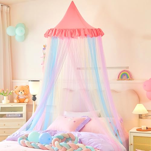 THREENTDAY Kids Bed Canopy, Rainbow Mesh Canopy with Lace Dustproof Roof Princess Mosquito Net for Baby Crib Girls Bed Room Decor Playing Reading Nook (Pink)