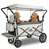TMZ Collapsible Wagon with 2 Foldable Seats, Folding Wagon with Canopy, Multi Functional Cart with Adjustable Handle Bar, Front Expandable for Transport Camping (Grey/Beige)