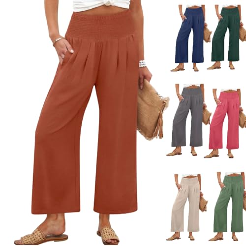 Women's Smocked Waist Wide Leg Palazzo Pants, Women Summer Smocked High Cotton Linen Palazzo Pants with Pockets