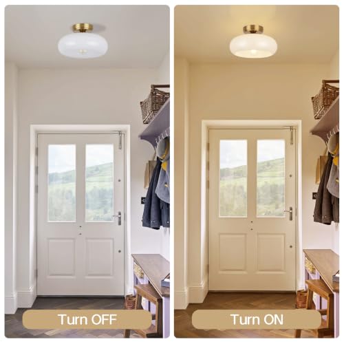 Image of Small Semi Flush Mount Ceiling Light Fixture, 11'' Vintage Mid-Century Gold with White Milk Glass Shade, Modern Farmhouse Lighting for Kitchen, Hallway, Bedroom, Foyer, Schoolhouse