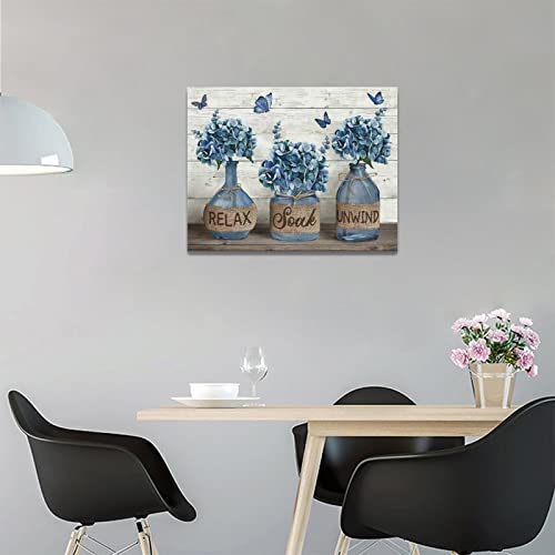 Farmhouse Bathroom Decor Wall Art Blue Hydrangea Bathroom Pictures For Wall Rustic Country Bathroom Canvas Prints Bathroom Sign Artwork Modern Home Decor For Bathroom Framed Ready To Hang 12"X16" #TOP3