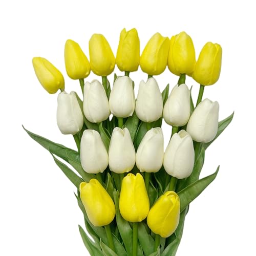 Hepeng 20 tulipas artificiais de 32,5 cm, PU Real Touch, flores decorativas para casamentos, casa, escritório, festa, mesa, jardim, Natal e eventos em interiores e exteriores (branco e amarelo)